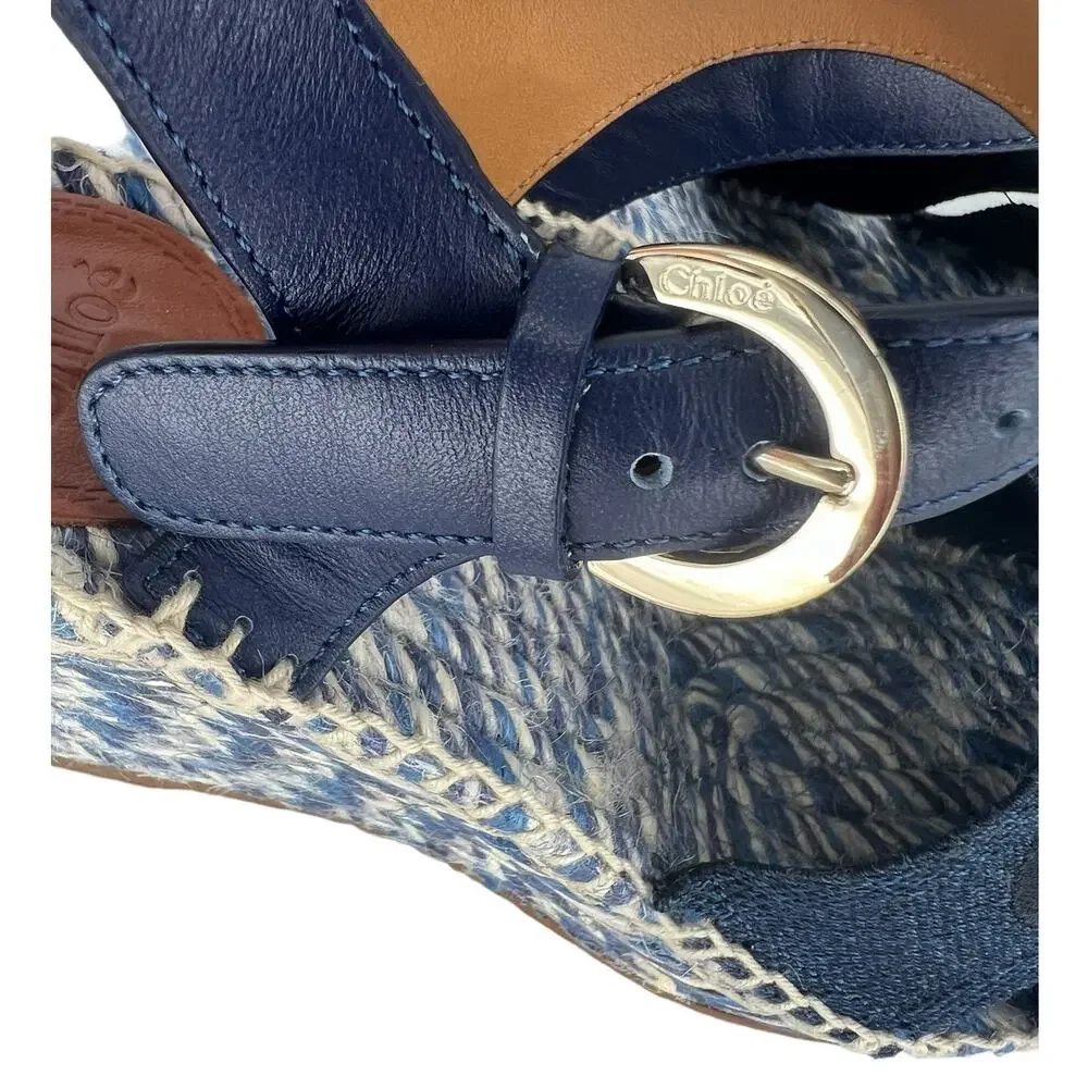 Chloe Piia Denim Logo Espadrille Wedge Sandals with Leather Straps‎ Size 36
